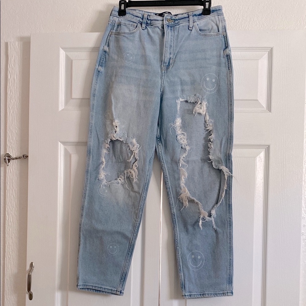 Hollister Light Blue Boyfriend Jeans with Distressing and Relaxed Fit